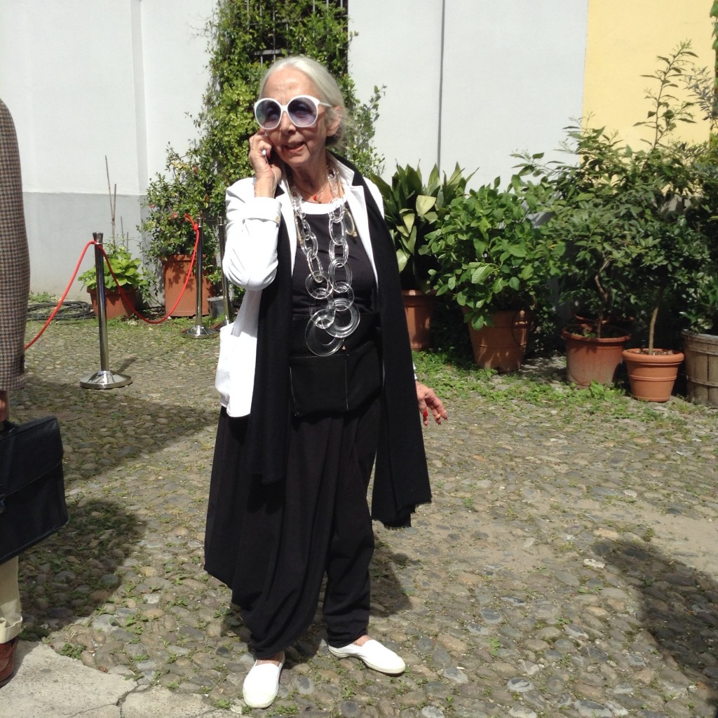 Rossana Orlandi in the courtyard of her store